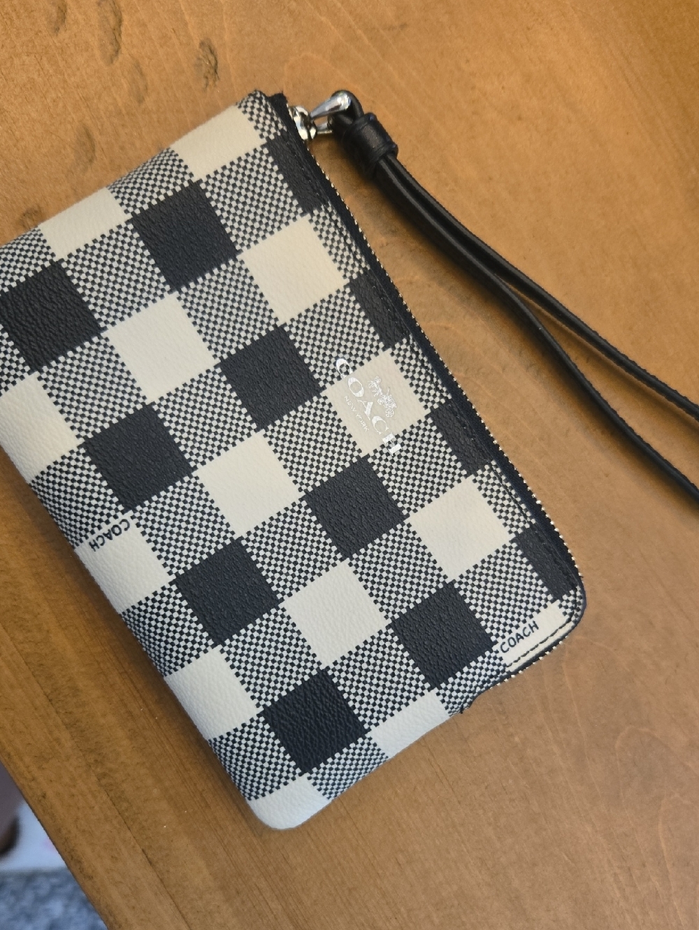 Coach Black & Cream Checker Wristlet with Detachable Strap
